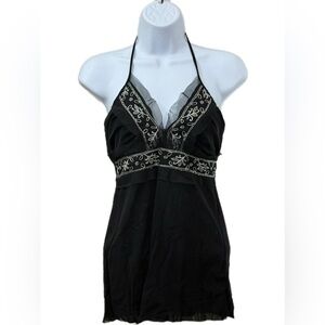 Black Halter Top with Embroidered Details